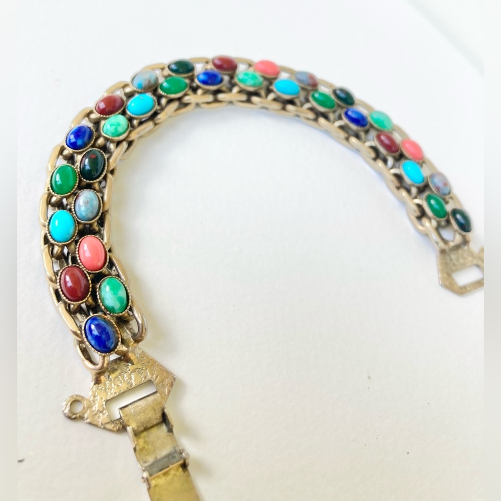 Vintage Midcentury Revival Czech Glass Cabochon Chain Bracelet 1950s 1960s retro